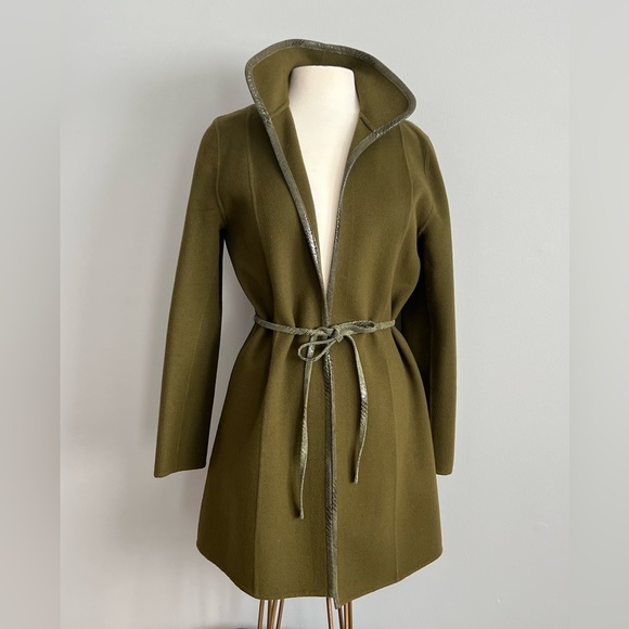 Linda Allard Ellen Tracy Jackets & Blazers - Felted Wool & Lamb Leather Trim Open Front Long Green Cardigan Coat Womens 8 M L